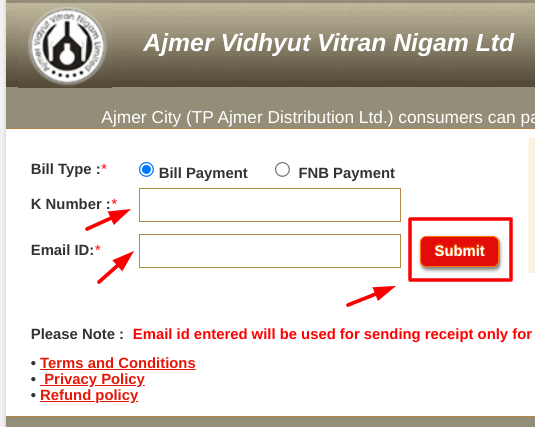 Ajmer Vidyut Vitran Nigam Ltd Bill Status - loging to pay bill