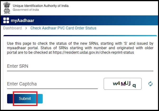 Aadhaar PVC Card Order Status Check