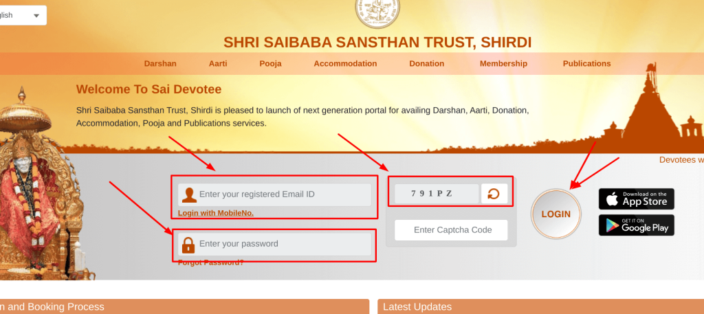 Procedure to Login to Shri Sai Shirdi Darshan Website